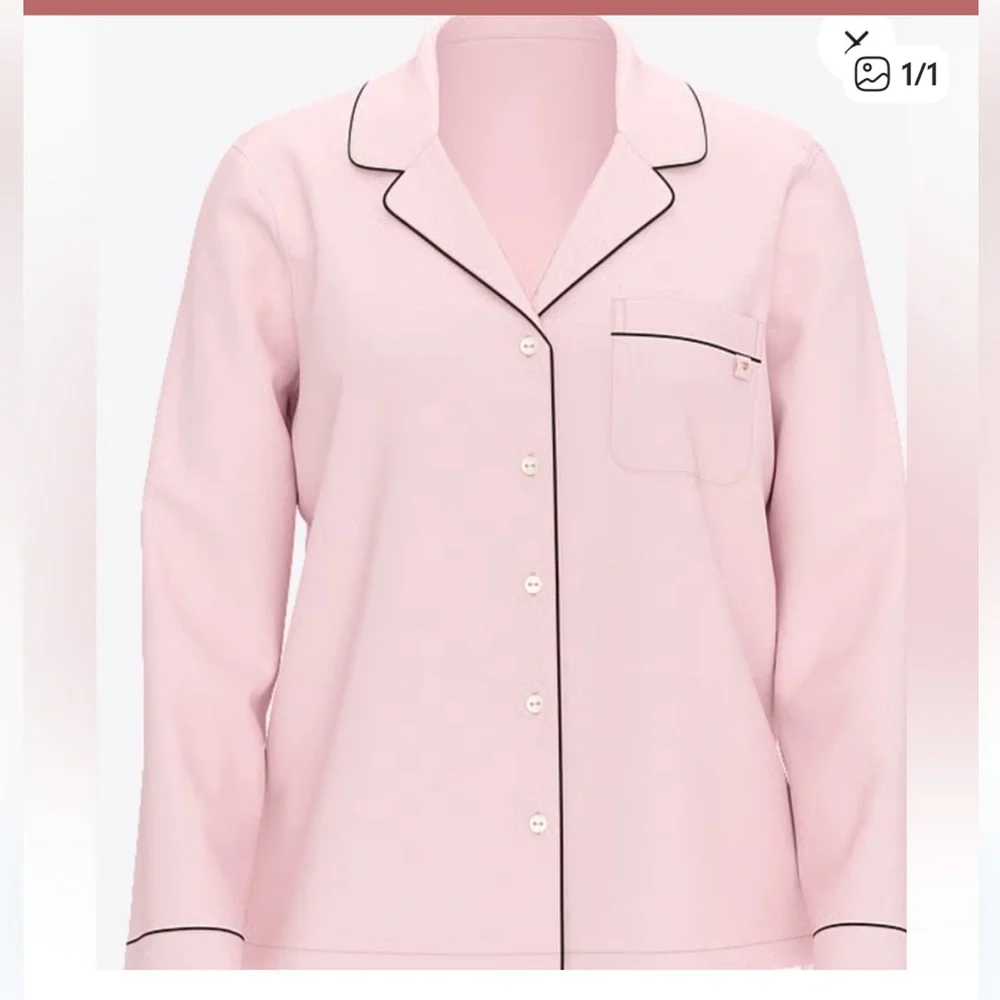 Pink Modal Button-Up Pajama Top with Black Piping
